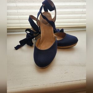 Lands End Closed Toe Ankle lace up Espadrille Wedge Women’s SZ 11 Navy Blue